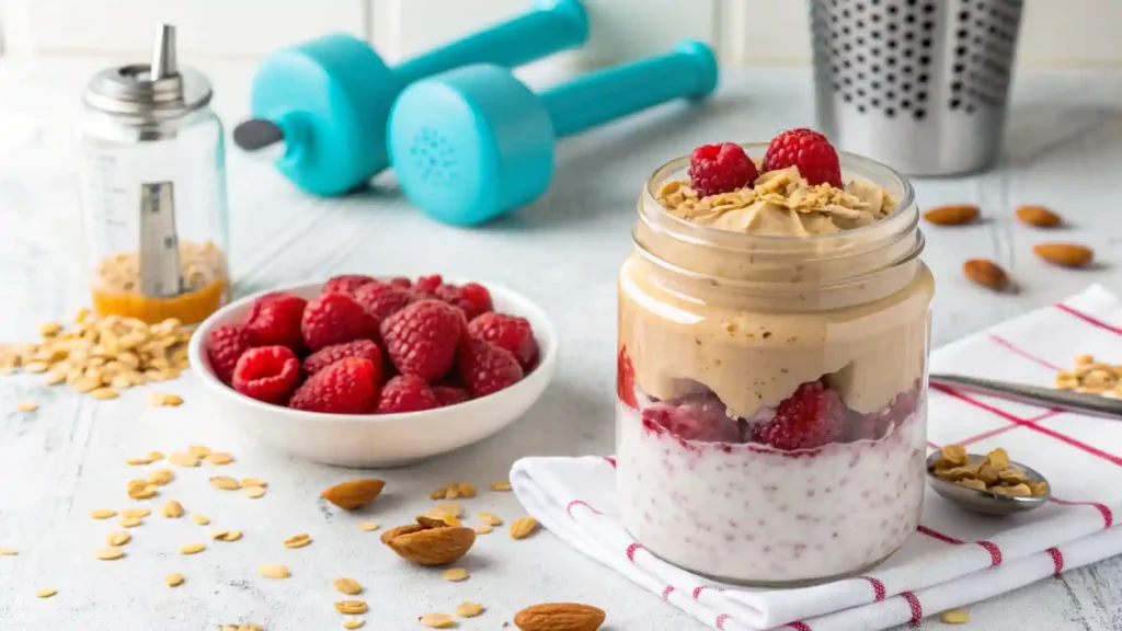 
High-protein overnight oats with yogurt, protein powder, nut butter, and raspberries.