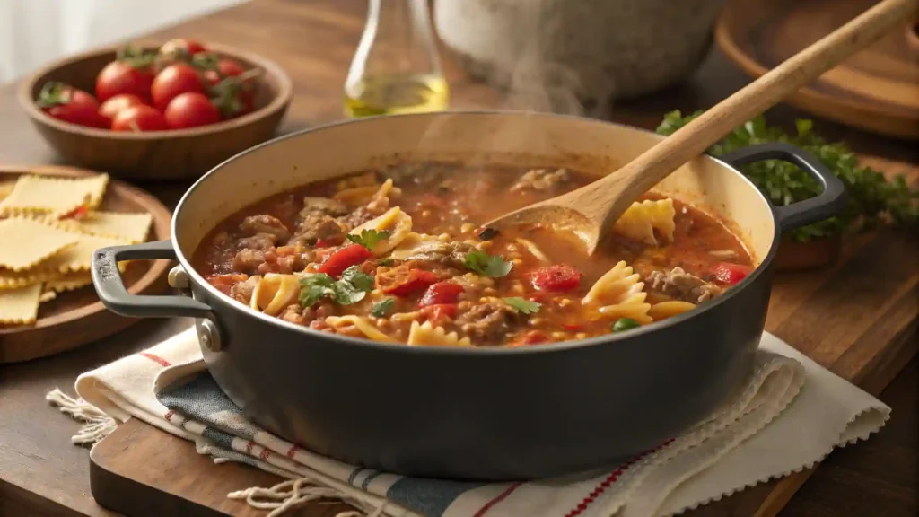 Easy Lasagna Soup Recipe A Comforting One-Pot Meal You’ll Love Bowl of Easy Lasagna Soup topped with ricotta, mozzarella, and Parmesan, garnished with fresh basil and served with garlic bread.