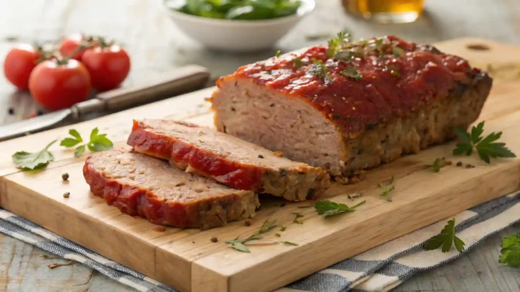 Classic homemade meatloaf with tomato glaze sliced on a wooden cutting board, garnished with fresh parsley and served in a rustic kitchen setting."