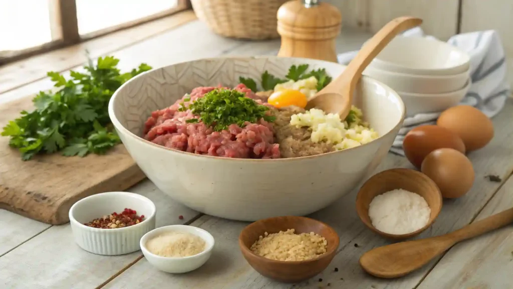 Mixing bowl with ground beef, breadcrumbs, egg yolk, chopped garlic, parsley, and spices prepared for a homemade classic meatloaf recipe.
