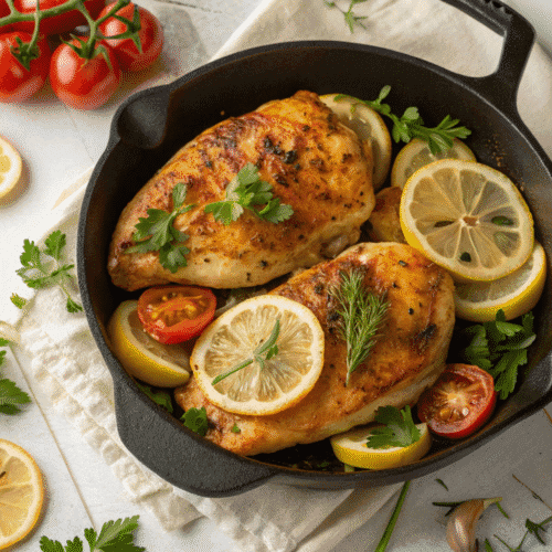 One-pan lemon garlic chicken with roasted vegetables in skillet