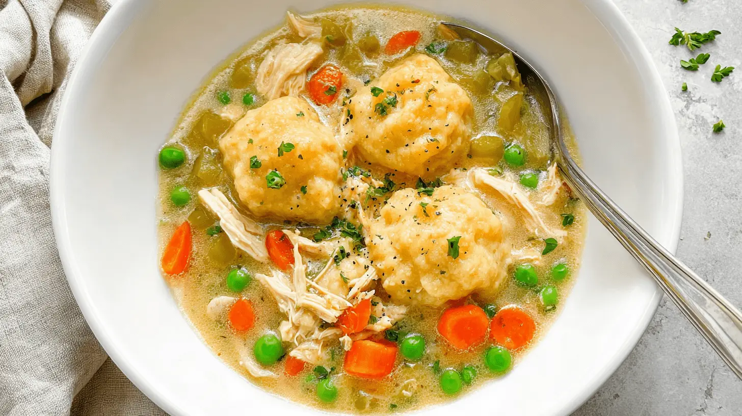 Ultimate Chicken and Dumplings Overhead shot of a hearty Crockpot Chicken Recipe
