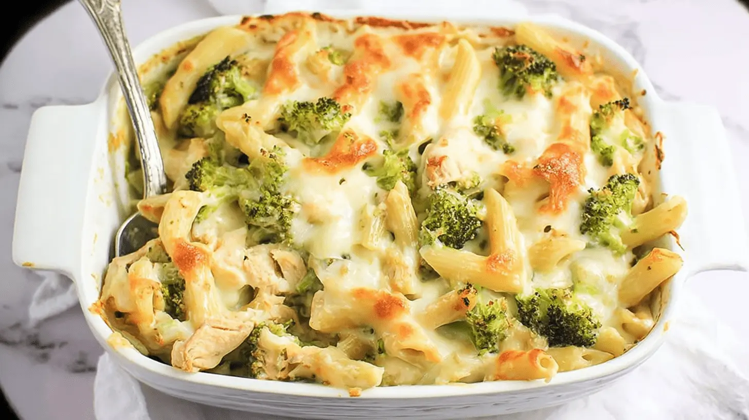 Easy Chicken Ziti Broccoli Alfredo Bake A creamy, baked chicken ziti broccoli alfredo casserole in a white baking dish with golden-brown melted cheese, penne pasta, and bright green broccoli florets, ready to be served.