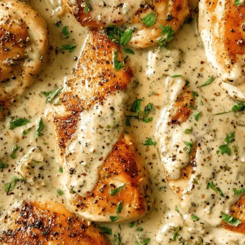 Close-up of a delicious pan-seared creamy ranch chicken recipe garnished with fresh herbs and black pepper.