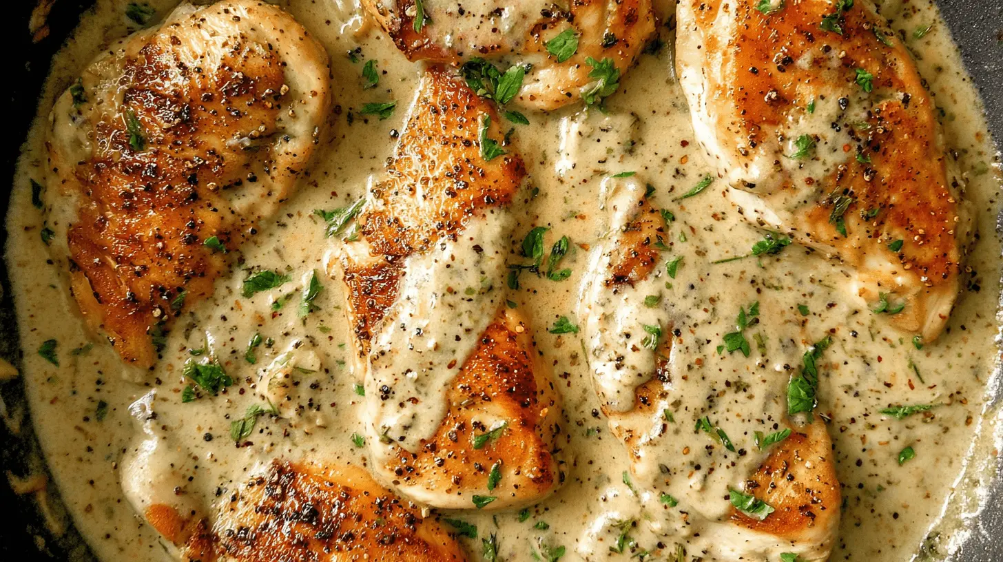Creamy Ranch Chicken Recipe Close-up of a delicious pan-seared creamy ranch chicken recipe garnished with fresh herbs and black pepper.