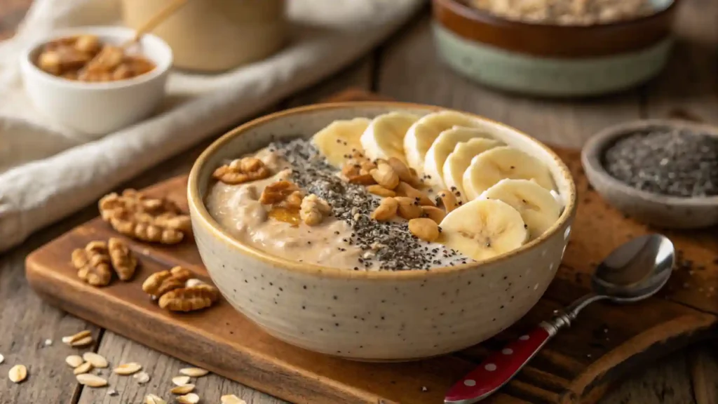 Creamy overnight oats topped with chia seeds, almond butter, banana slices, and walnuts.