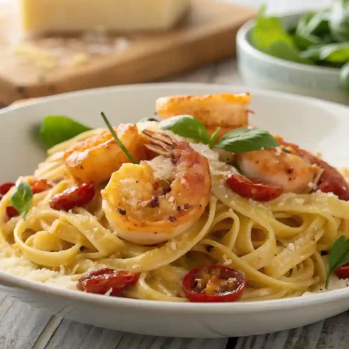 Creamy sun-dried tomato shrimp pasta served in a white bowl with basil and parmesan on top.