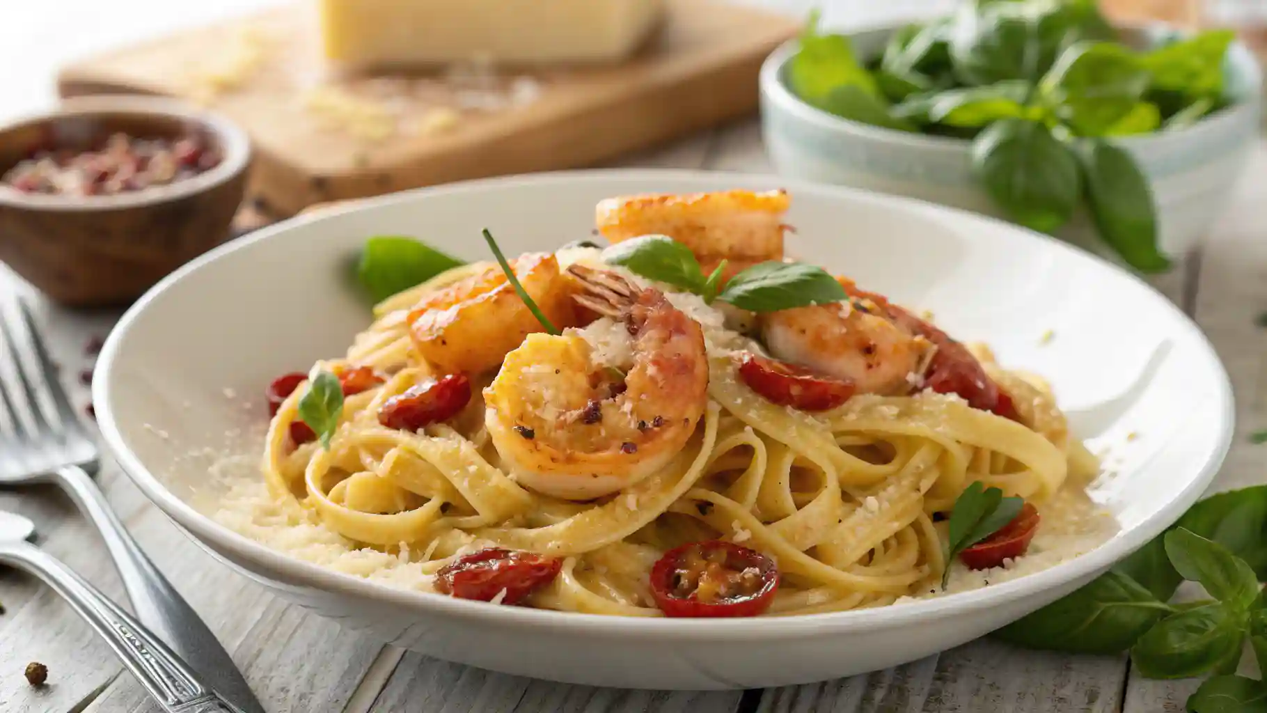 Creamy Sun-Dried Tomato Shrimp Pasta Creamy sun-dried tomato shrimp pasta served in a white bowl with basil and parmesan on top.