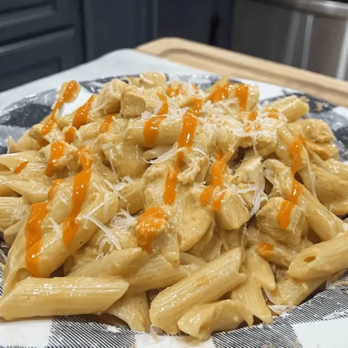 The Best Crockpot Buffalo Chicken Pasta Recipe Creamy chicken penne pasta, a comforting Crockpot recipe, presented on a black and white plaid plate.