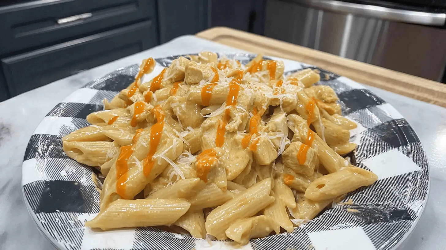 The Best Crockpot Buffalo Chicken Pasta Recipe Creamy chicken penne pasta, a comforting Crockpot recipe, presented on a black and white plaid plate.