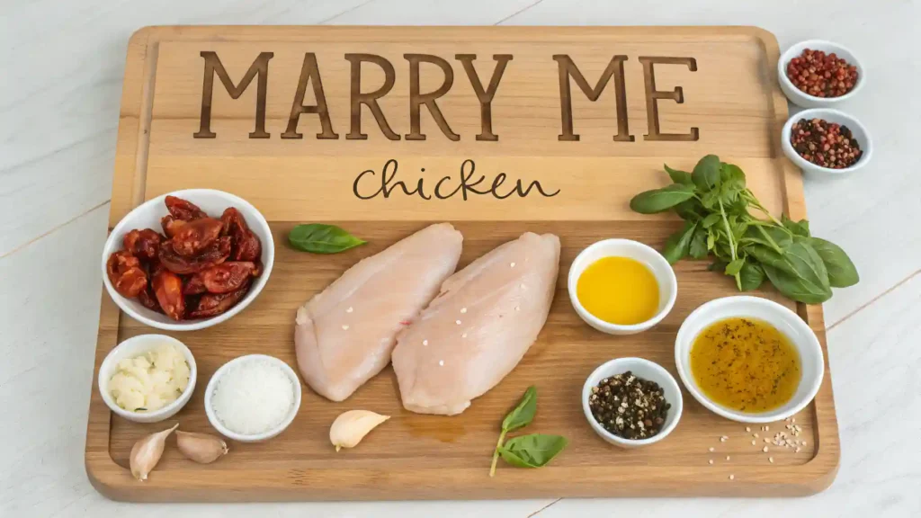 Ingredients for Marry Me Chicken laid out on wooden board