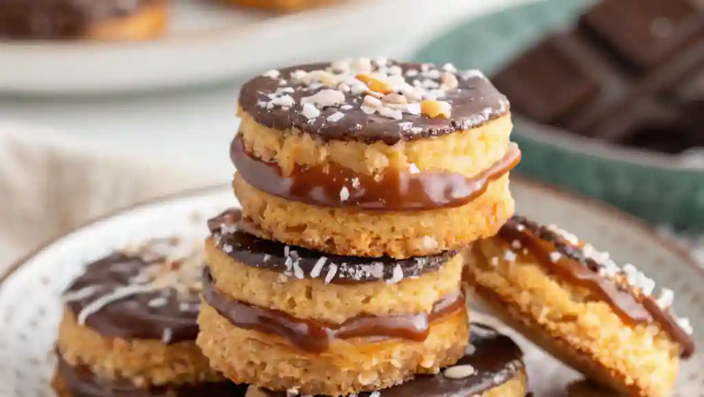 Unbaked Samoas cookie dough cut into rings on a parchment-lined baking sheet