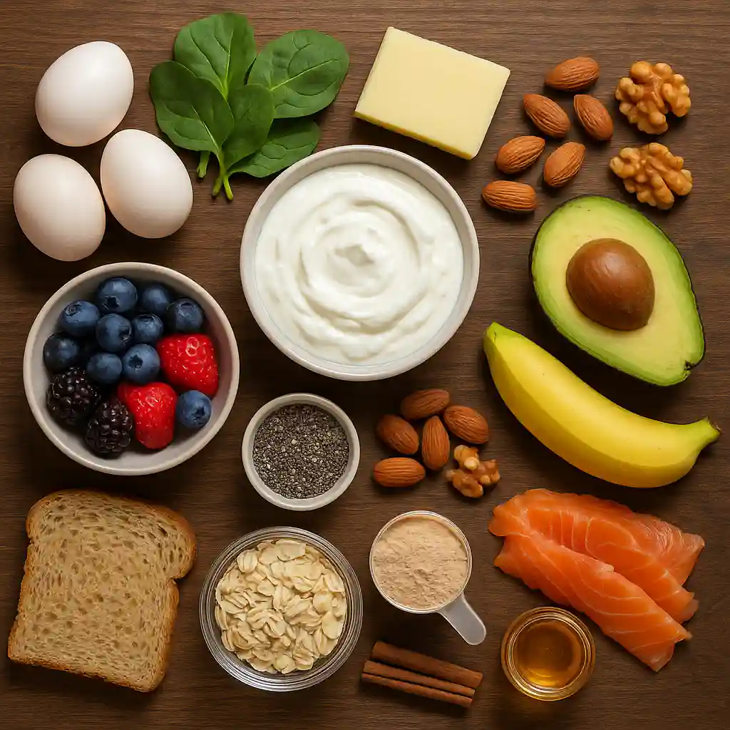 Flat lay of high protein breakfast ingredients including eggs, spinach, cheese, Greek yogurt, berries, avocado, banana, oats, smoked salmon, nuts, chia seeds, protein powder, cinnamon, and honey on a wooden background.