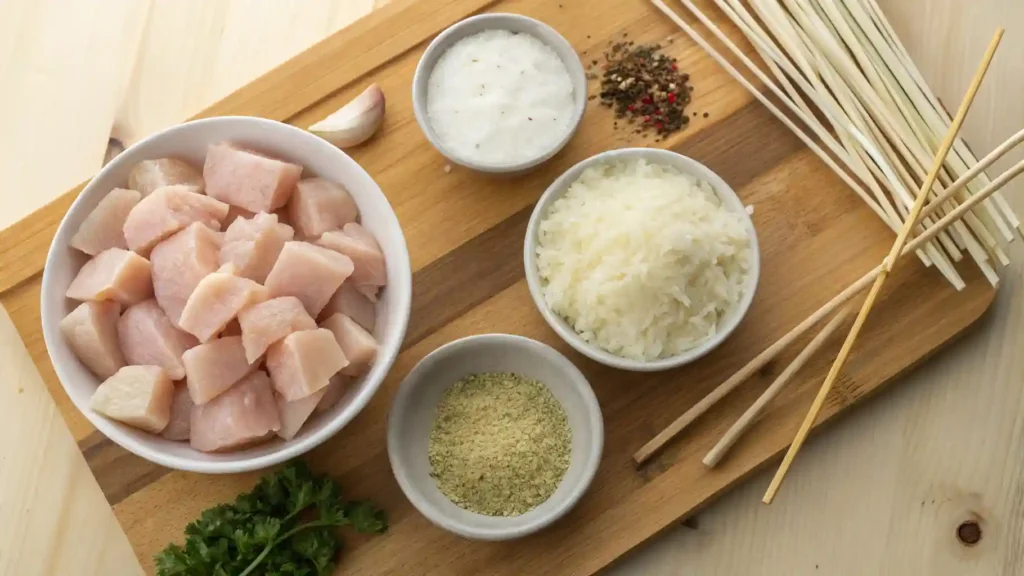 Ranch Garlic Parmesan Chicken Skewers (Easy Recipe) Flat lay of ingredients for ranch garlic parmesan chicken skewers, including raw chicken, ranch dressing, parmesan cheese, garlic, and skewers