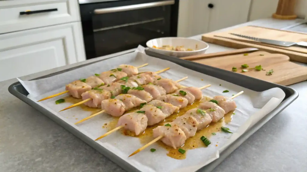 Ranch Garlic Parmesan Chicken Skewers (Easy Recipe) Top-down view of marinated chicken being threaded onto skewers to make ranch garlic parmesan chicken skewers, with marinade splatters nearby.