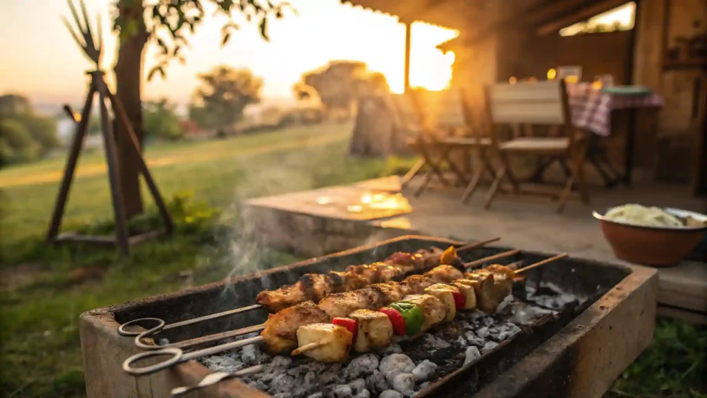 Ranch Garlic Parmesan Chicken Skewers (Easy Recipe) Overhead shot of raw ranch garlic parmesan chicken skewers on a parchment-lined baking tray, prepped for oven roasting.