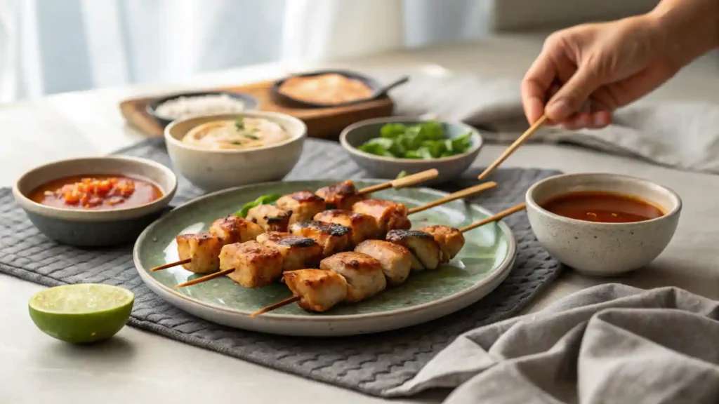 Ranch Garlic Parmesan Chicken Skewers (Easy Recipe) Overhead image of a plate of cooked ranch garlic parmesan chicken skewers served at a casual dinner table with dipping sauces and napkins.