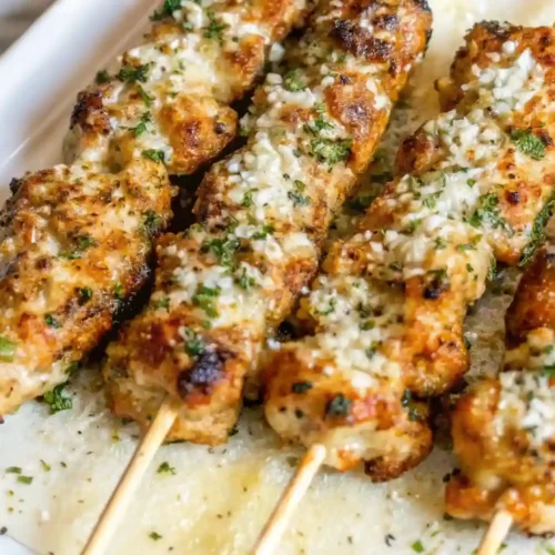 Overhead view of a kitchen counter with ranch garlic parmesan chicken skewers on a plate, surrounded by ranch dressing, parmesan, and a recipe card.