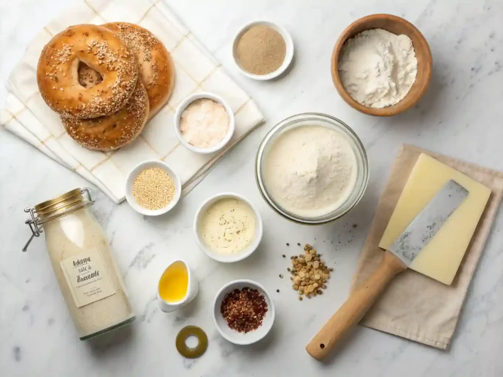 How to Make Perfect Sourdough Discard Bagels at Home Mise en place of sourdough discard bagel ingredients arranged on marble