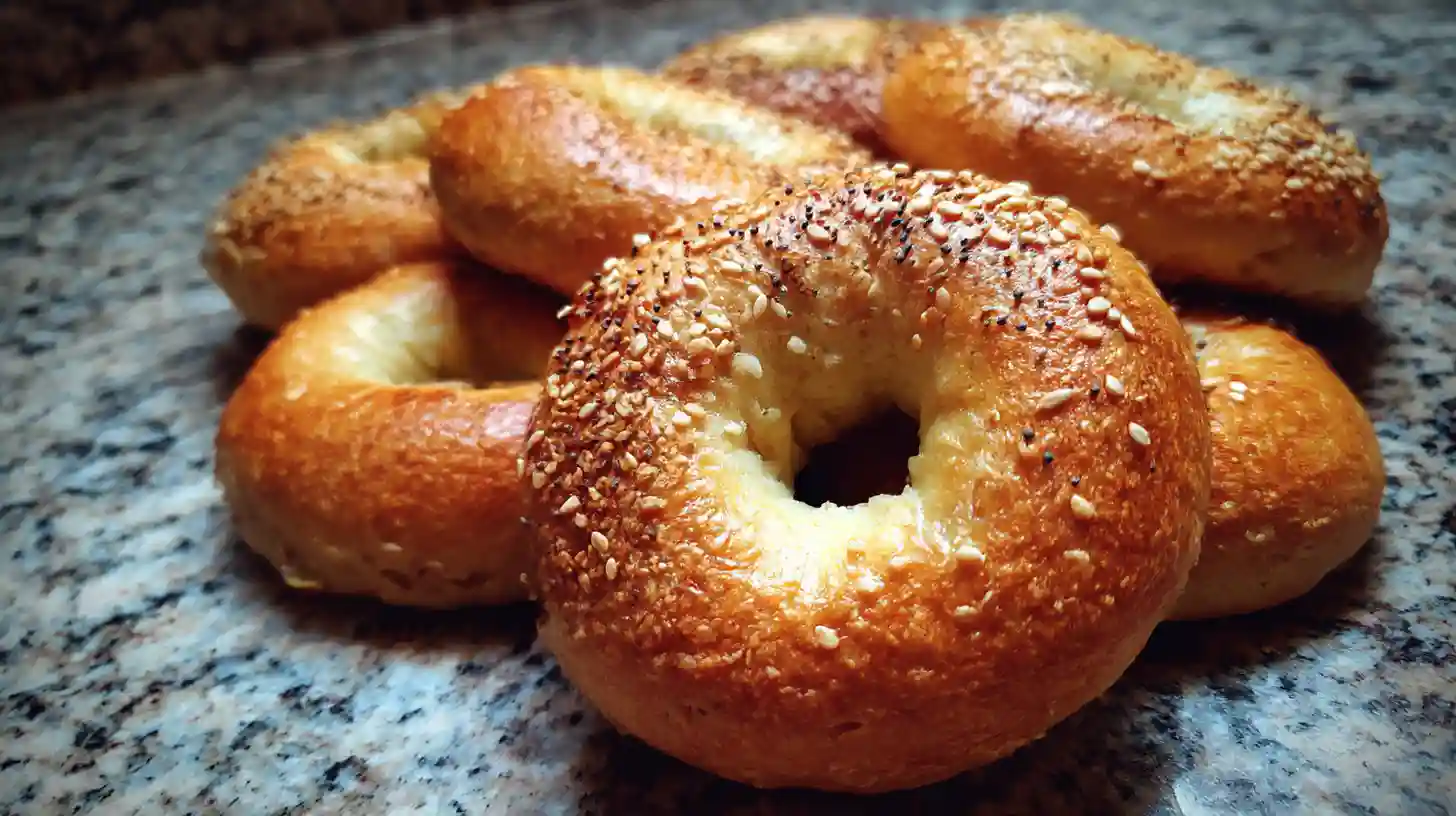 How to Make Perfect Sourdough Discard Bagels at Home Freshly baked sourdough discard bagels on a wooden board with cream cheese.