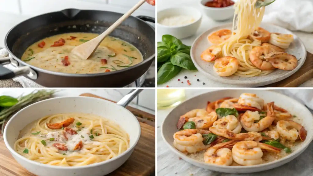 reamy sauce with sun-dried tomatoes and parmesan bubbling in a skillet.