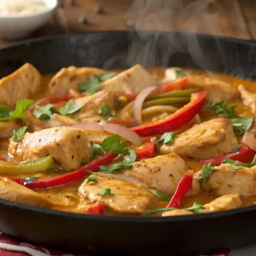 "Texas Roadhouse butter chicken skillet with golden chicken bites in buttery spiced sauce, topped with fresh cilantro."