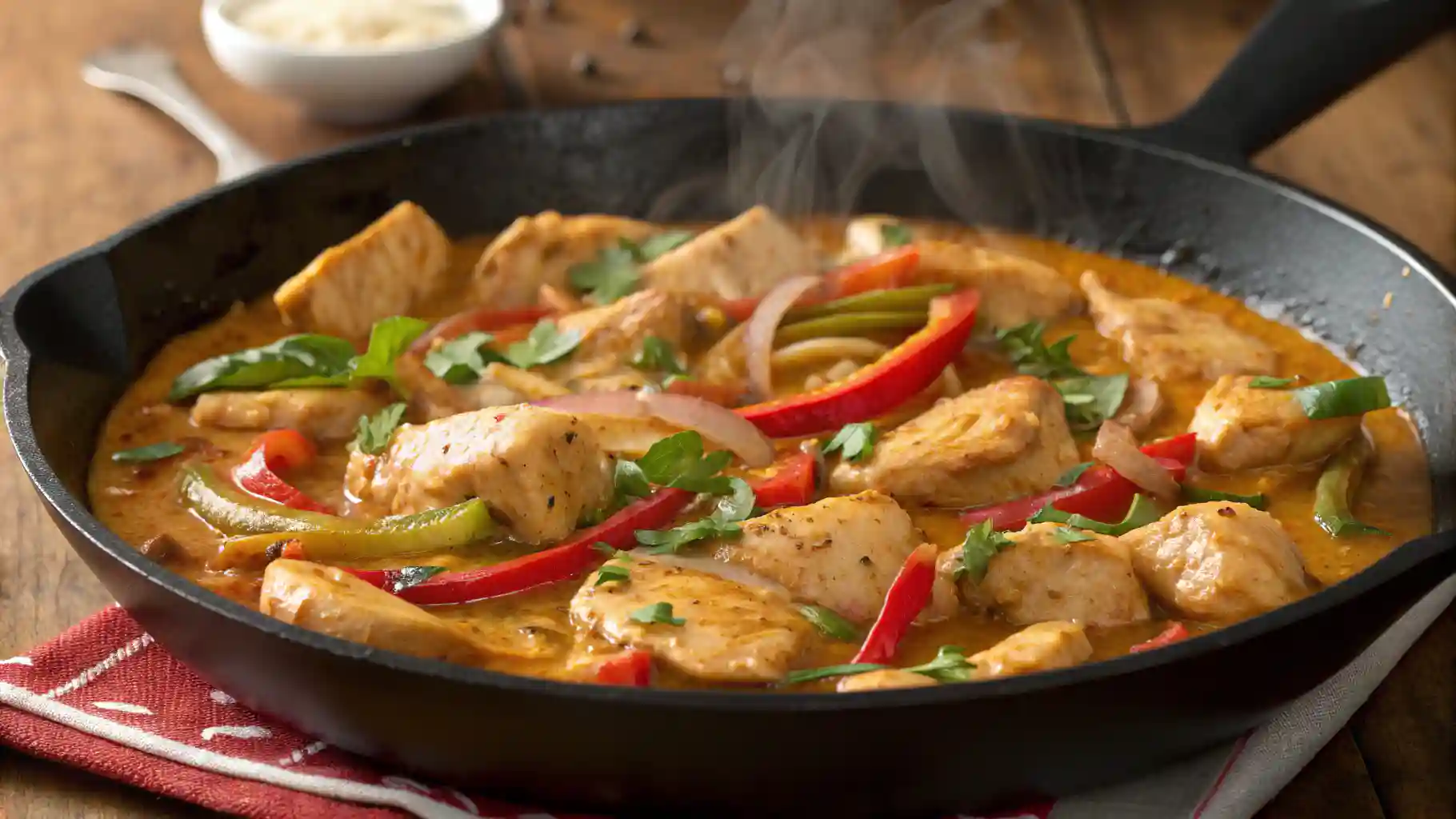 "Texas Roadhouse butter chicken skillet with golden chicken bites in buttery spiced sauce, topped with fresh cilantro."