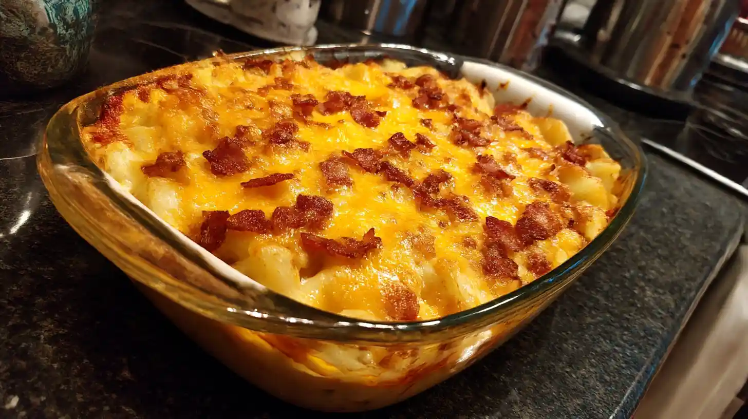 Bubbly Amish Country Casserole in a white baking dish—ground beef, pasta, tomato sauce, and melted cheddar fresh from the oven.