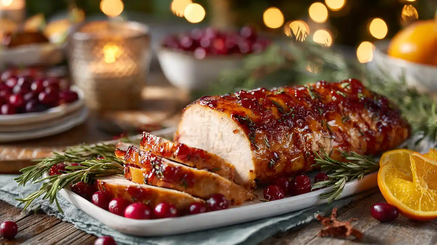 The Perfect Balance of Sweet and Savory Cranberry Orange Glazed Turkey Breast with fresh cranberries, orange slices, and rosemary on a white platter for a Thanksgiving dinner.