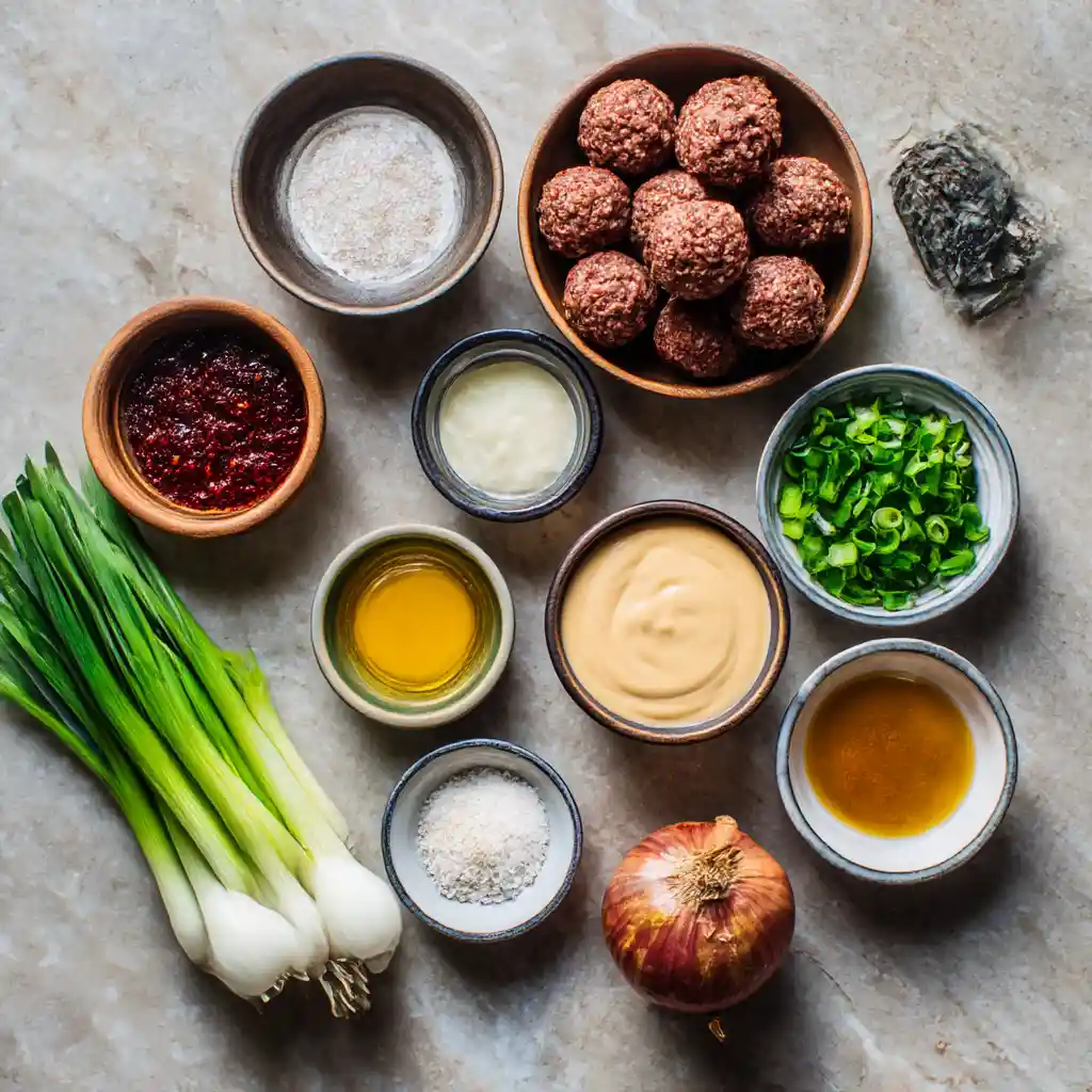 Ingredientes para Korean BBQ Meatballs with Spicy Mayo Dip: carne molida, gochujang, mayonesa, aceite de sésamo, cebolleta y cebolla Asian finger food.