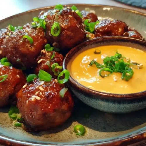 Korean BBQ meatballs with Spicy Mayo Dip, garnished with scallions and sesame Asian finger food for game night appetizers