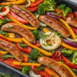 Roasted sausage with colorful bell peppers, broccoli, onions, and carrots on a sheet pan.