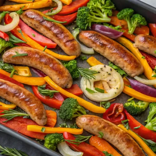 Roasted sausage with colorful bell peppers, broccoli, onions, and carrots on a sheet pan.