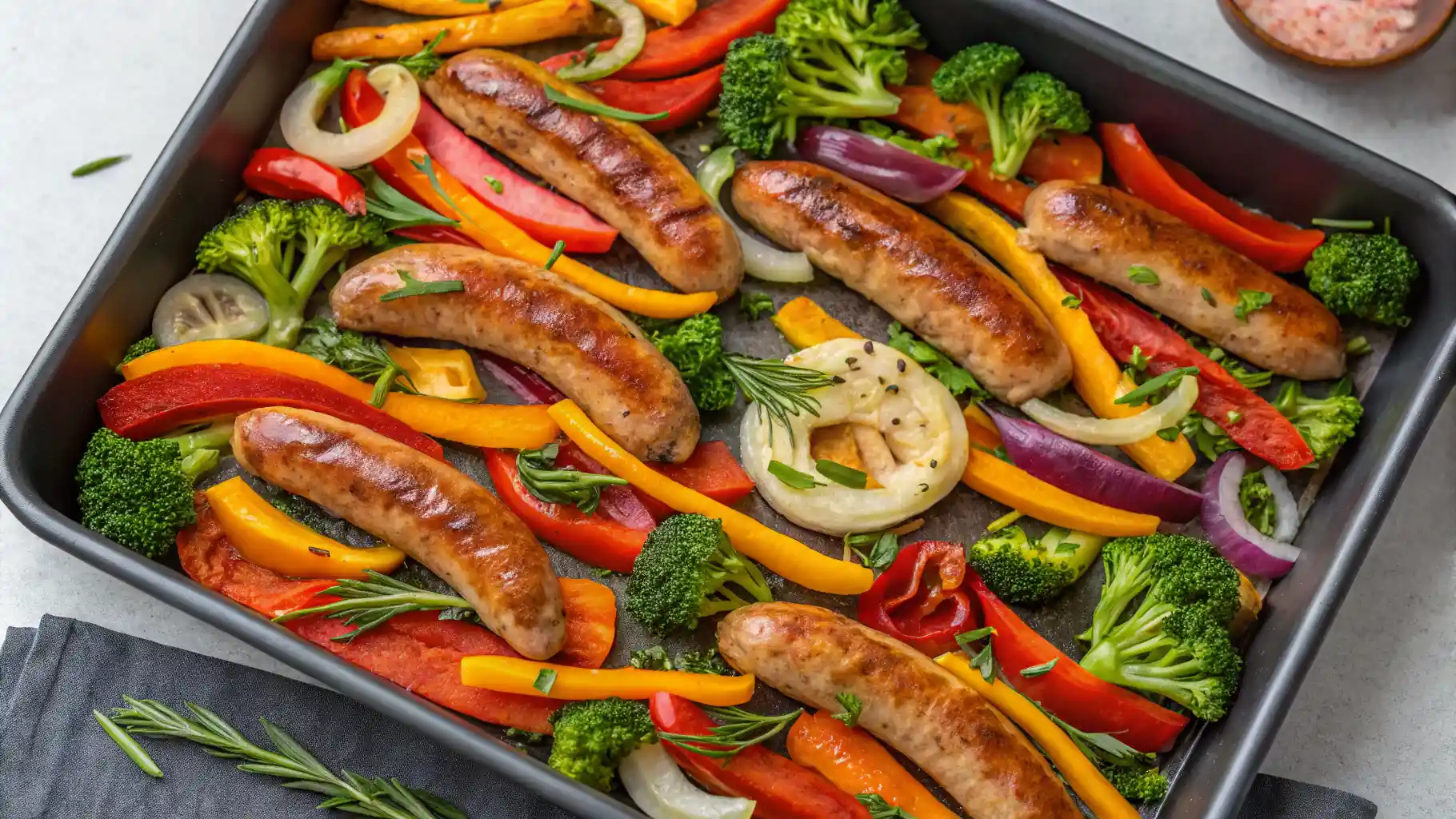 Roasted sausage with colorful bell peppers, broccoli, onions, and carrots on a sheet pan.