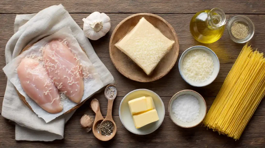 Ingredients for Easy Parmesan Chicken Pasta arranged on a wooden table