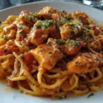 Easy Parmesan Chicken Pasta served on a white plate with golden chicken and creamy Parmesan sauce