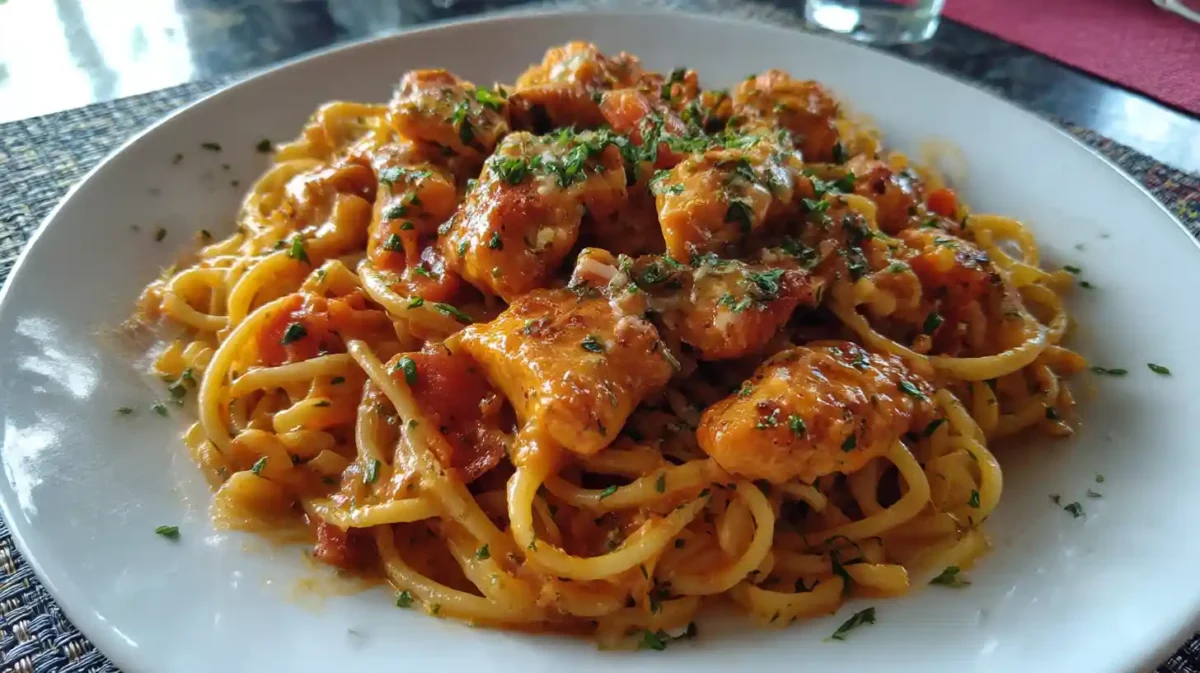 Easy Parmesan Chicken Pasta served on a white plate with golden chicken and creamy Parmesan sauce