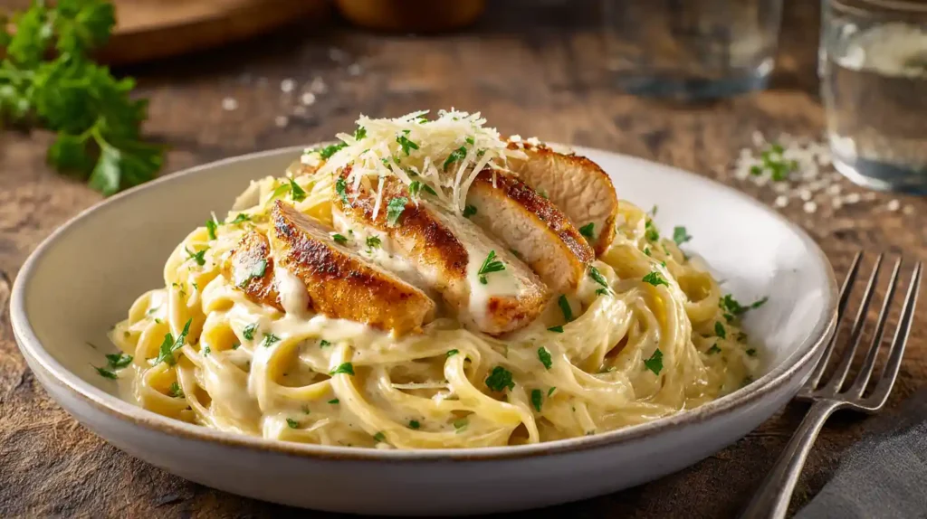 Dinner table with Easy Parmesan Chicken Pasta, garlic bread, and a glass of white wine