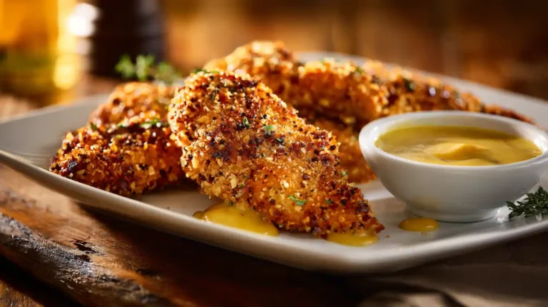 Crispy pretzel crusted chicken breast topped with creamy mustard-cheddar sauce on a white plate, served on a rustic wooden table.