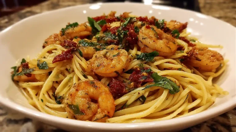 Creamy sun-dried tomato shrimp pasta topped with parmesan and basil in a white bowl