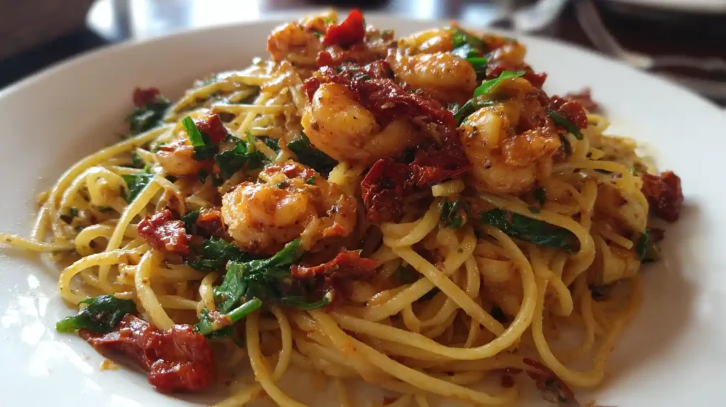 Creamy Sun-Dried Tomato Shrimp Pasta with Spinach | Vegan shrimp pasta with sun-dried tomato cashew cream sauce and spinach
