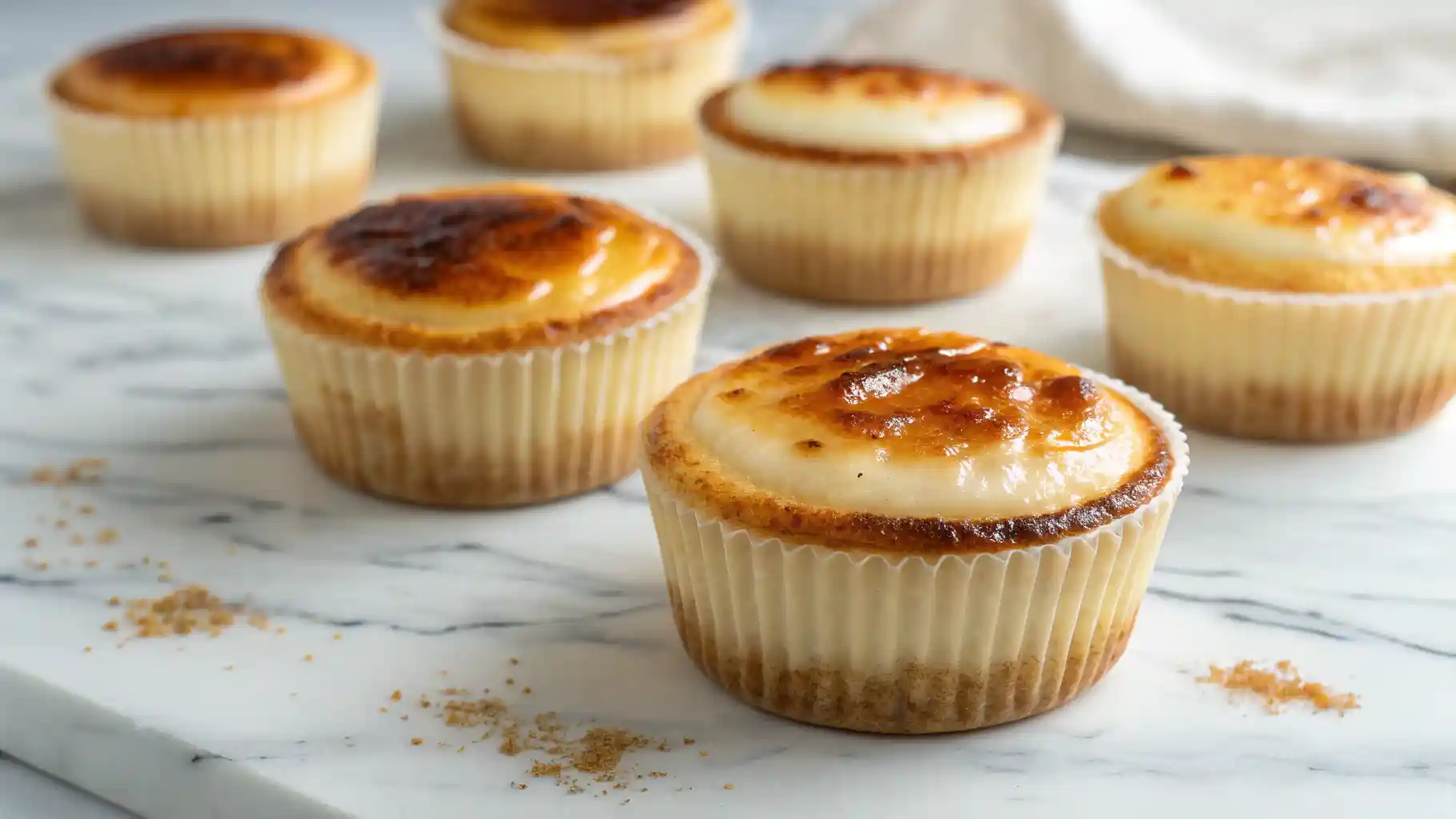 Vanilla Bean Crème Brûlée Cupcakes with caramelized tops on a marble surface.