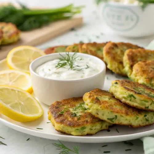 Baked zucchini fritters served with lemon-dill yogurt sauce on a white plate.