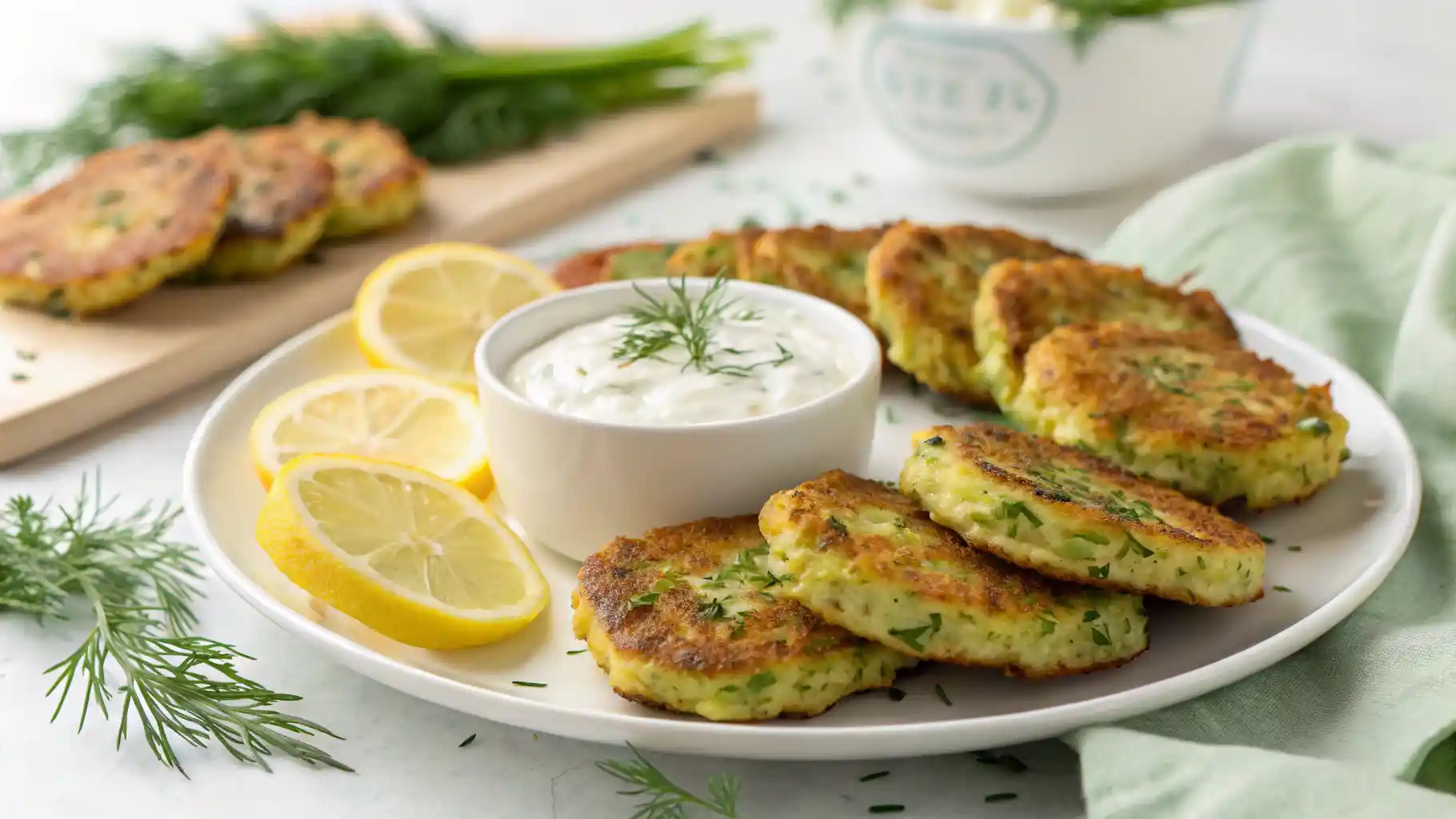 Baked Zucchini Fritters with Yogurt Dip Baked zucchini fritters served with lemon-dill yogurt sauce on a white plate.