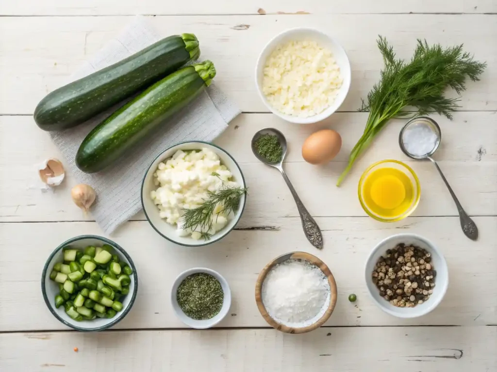 Fresh ingredients for baked zucchini fritters on a wooden table.