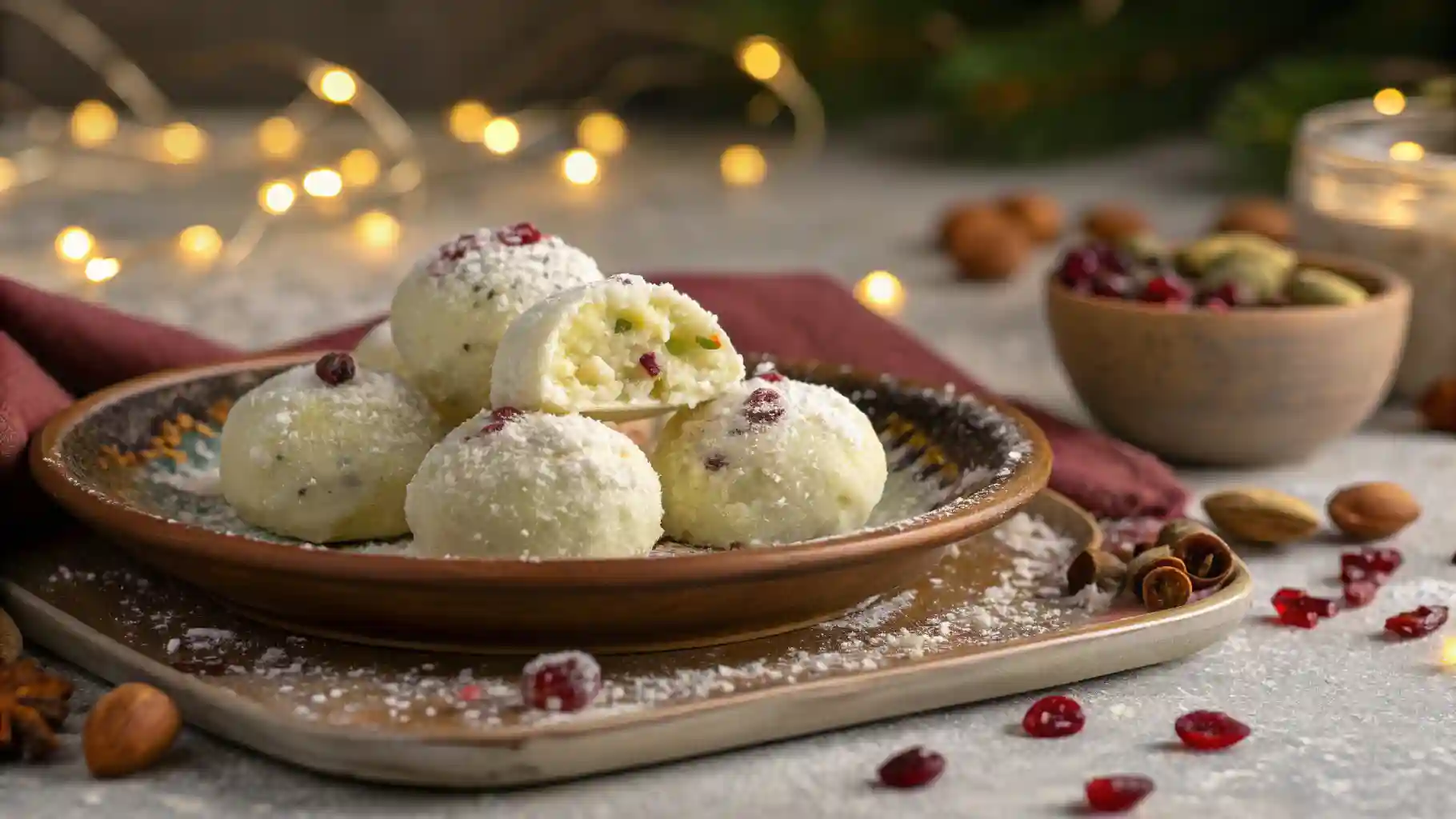 Plate of white coconut truffles dusted with shredded coconut and studded with dried fruits, with a festive blurred background.