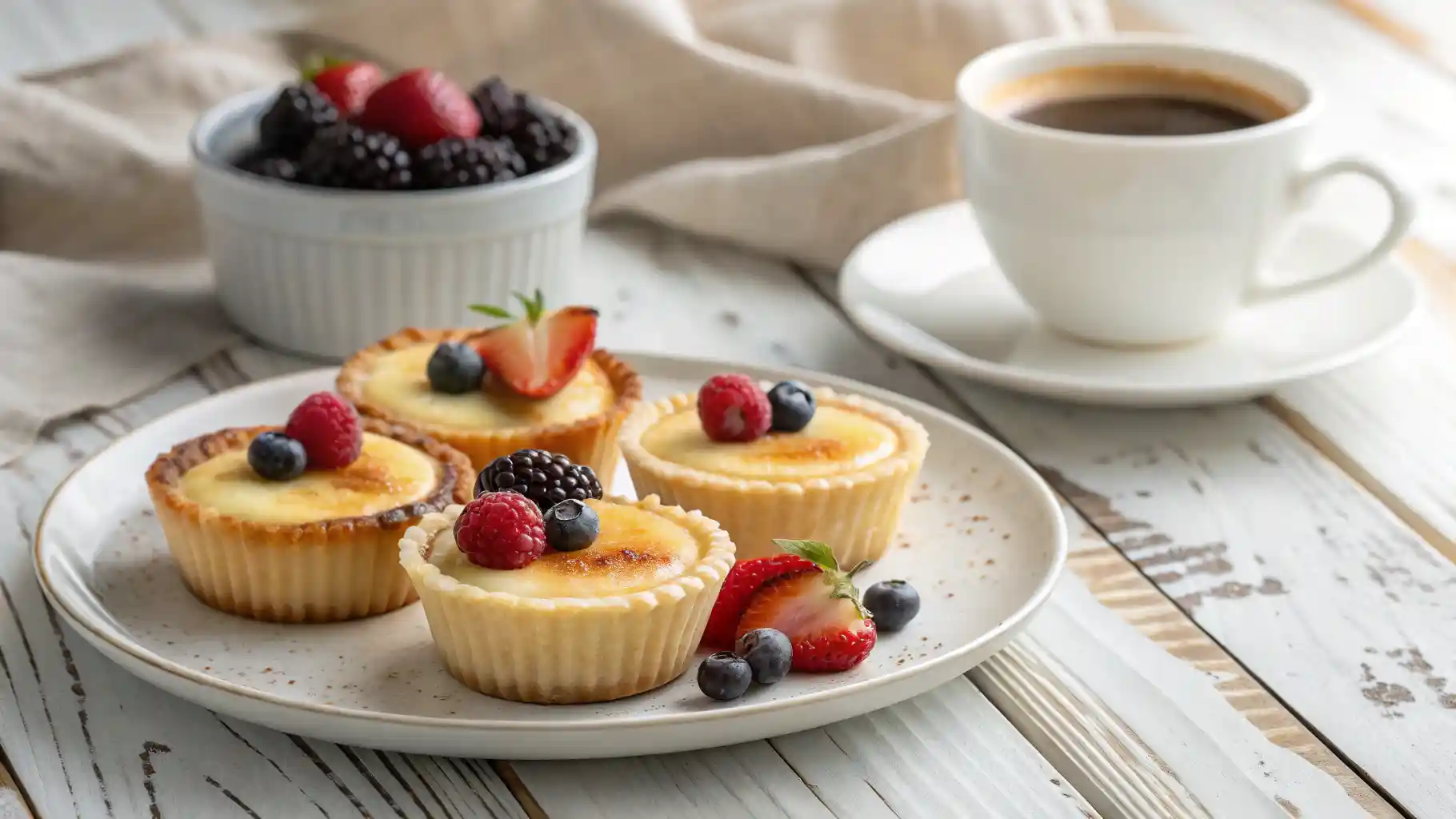 Vanilla Bean Crème Brûlée Cupcakes topped with fresh berries and served with a cup of coffee on a rustic white wooden table