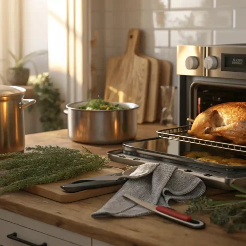 Thanksgiving cooking tools arranged on a wooden kitchen counter beside a roasted turkey in the oven.