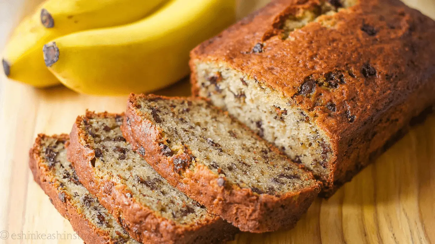 The Ultimate Moist Banana Bread Recipe Delicious, freshly baked banana bread, sliced on a wooden board with ripe bananas, showcasing a tempting banana bread recipe.