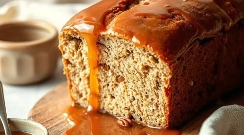 Sliced brown butter pumpkin bread topped with salted maple glaze and spices